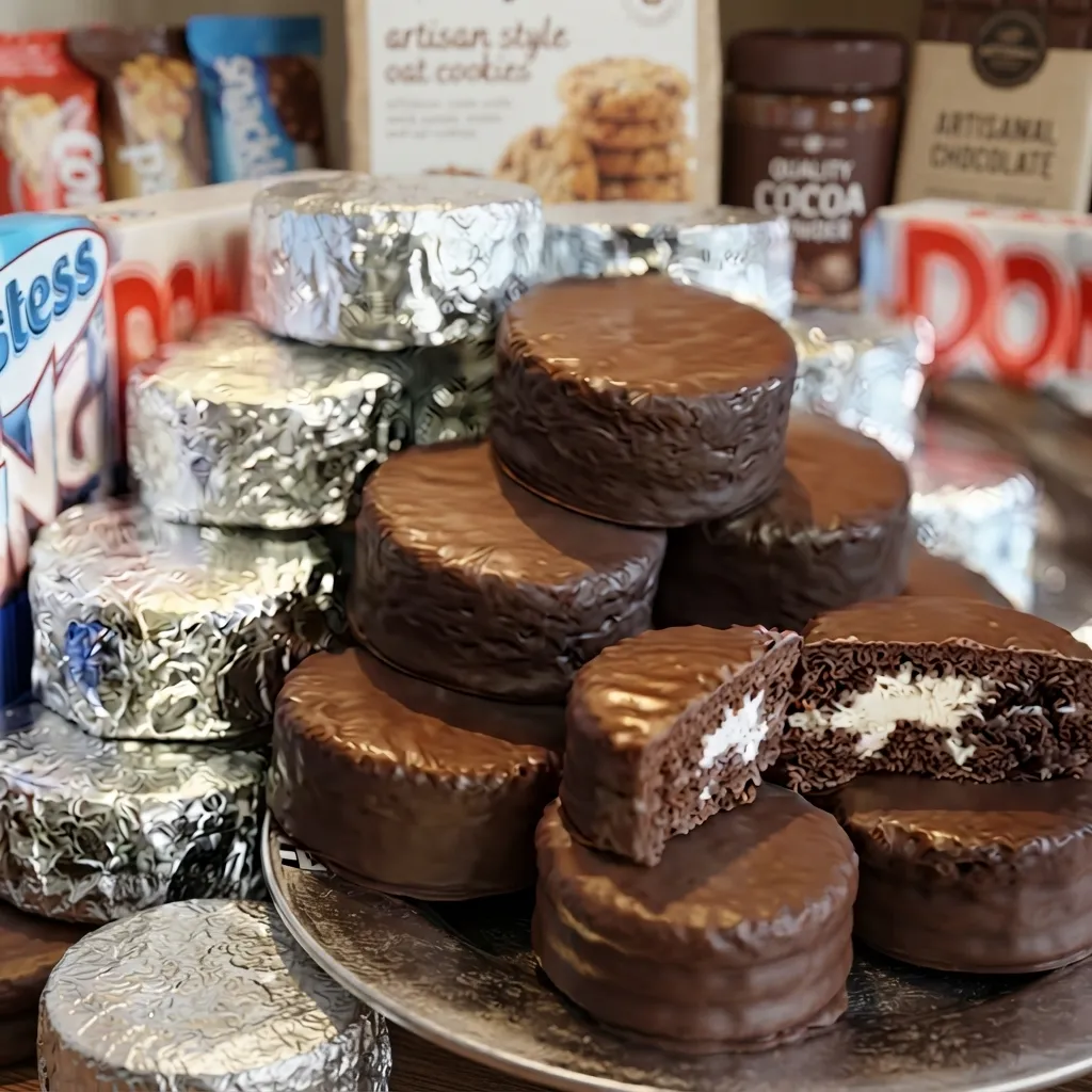 A platter of chocolate-covered marshmallow cakes, some wrapped in silver foil and others cut open to show white marshmallow cream.