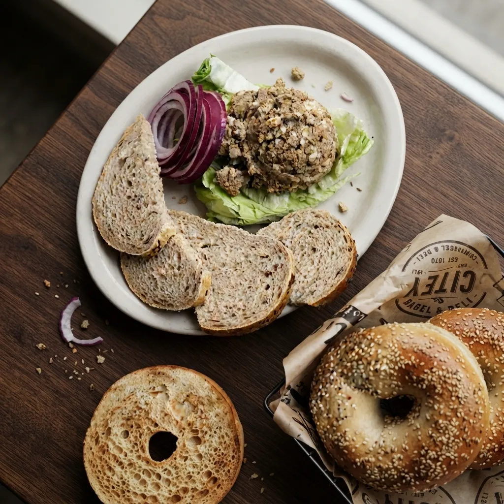 Chopped liver deli platter served with sliced red onion, rye bread, and fresh toasted sesame bagels