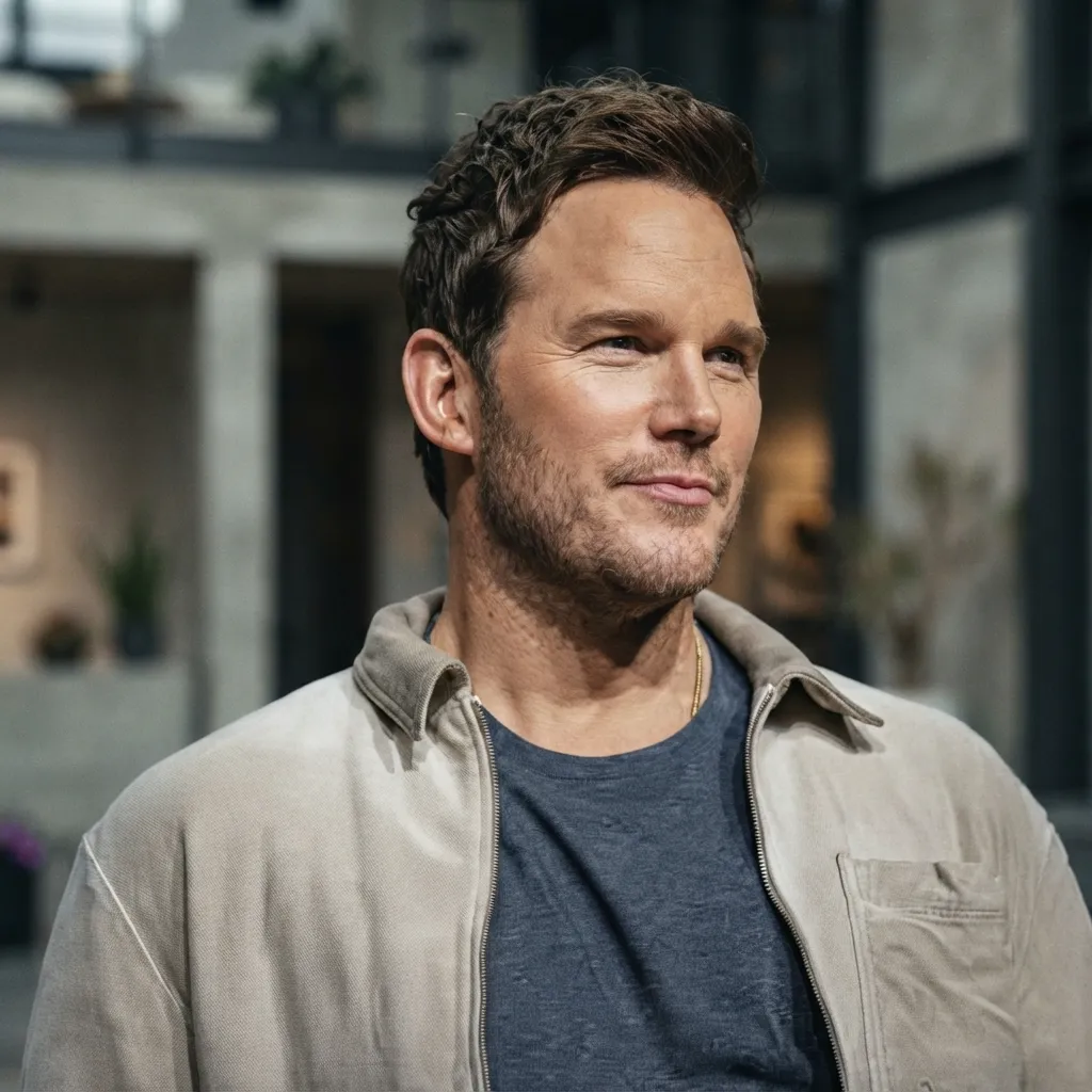 Indoor portrait of Chris Pratt wearing a casual beige jacket over a grey t-shirt
