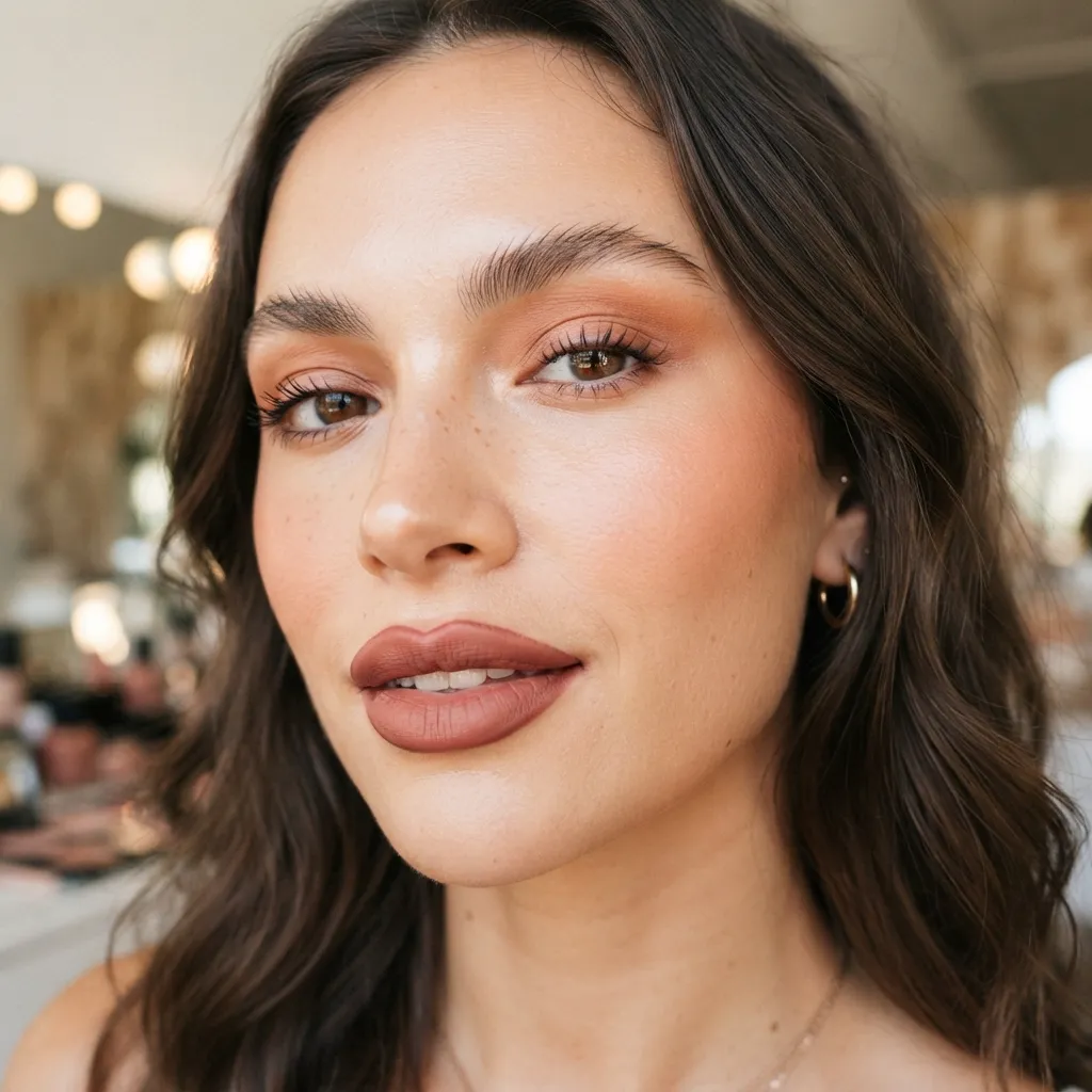 Close-up beauty shot of a woman with natural-toned makeup, warm neutral eyeshadow, glowing skin, and matte brown lipstick.