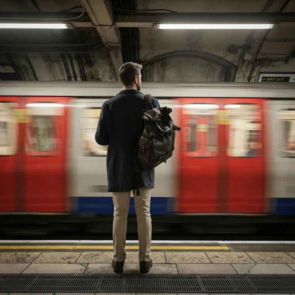 A man with a backpack and dark coat standing on a subway platform, watching a train speed past with motion blur