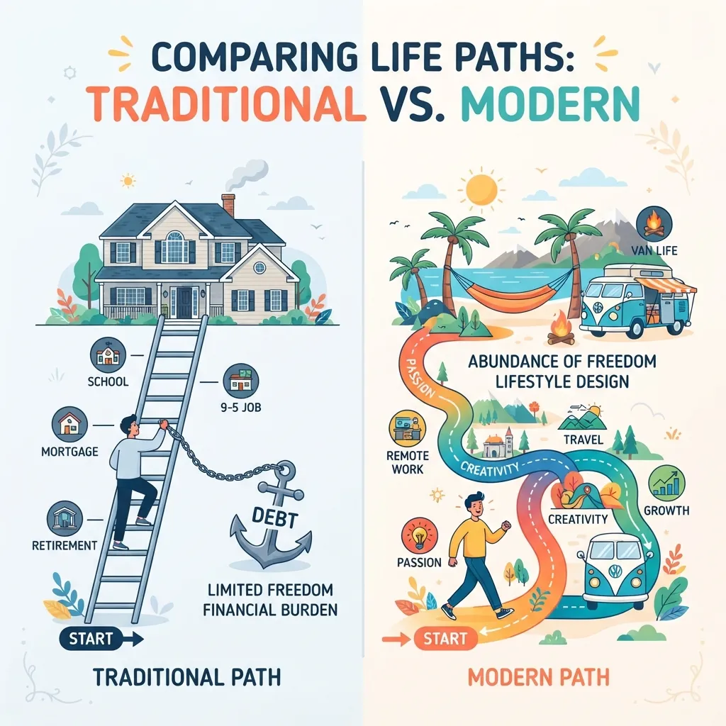 Infographic comparing traditional lifestyle paths, featuring a house, ladder, and debt anchor, with modern lifestyle paths, featuring a camper van, hammock, and remote work.