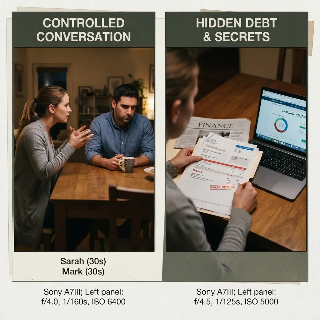 Split-screen comparison showing a controlled conversation between a couple on the left and hidden debt secrets with financial documents and a laptop on the right