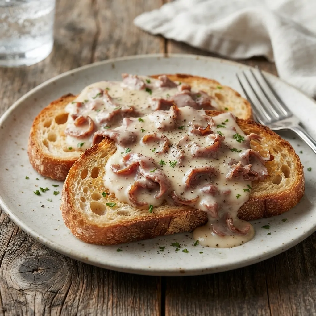 Creamed chipped beef in white gravy served over toasted artisan sourdough bread slices
