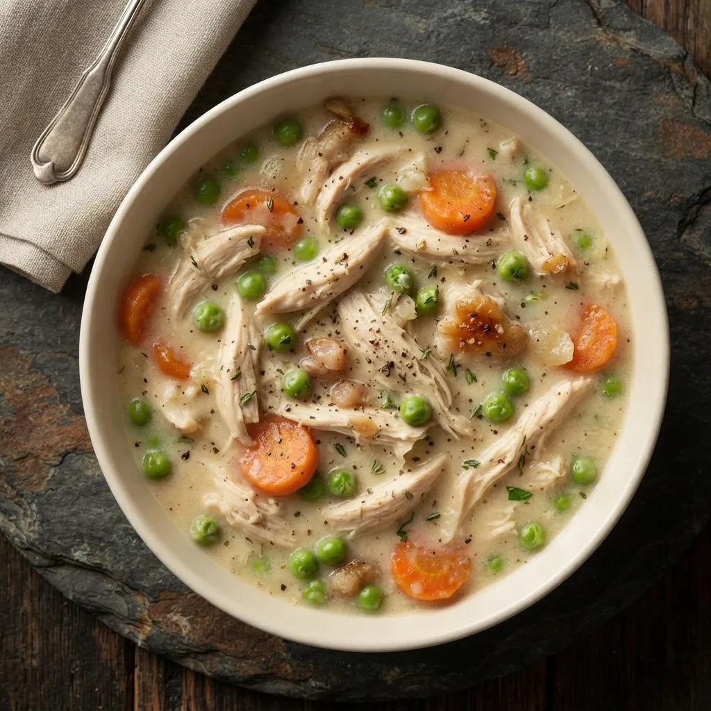 A bowl of creamy chicken stew filled with shredded chicken, green peas, and sliced carrots on a dark stone surface