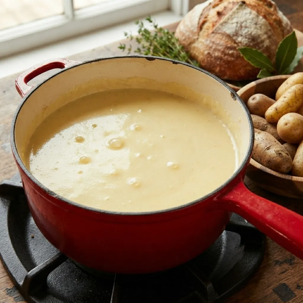 Creamy potato soup simmering in a red cast-iron Dutch oven next to fresh potatoes and crusty artisan bread