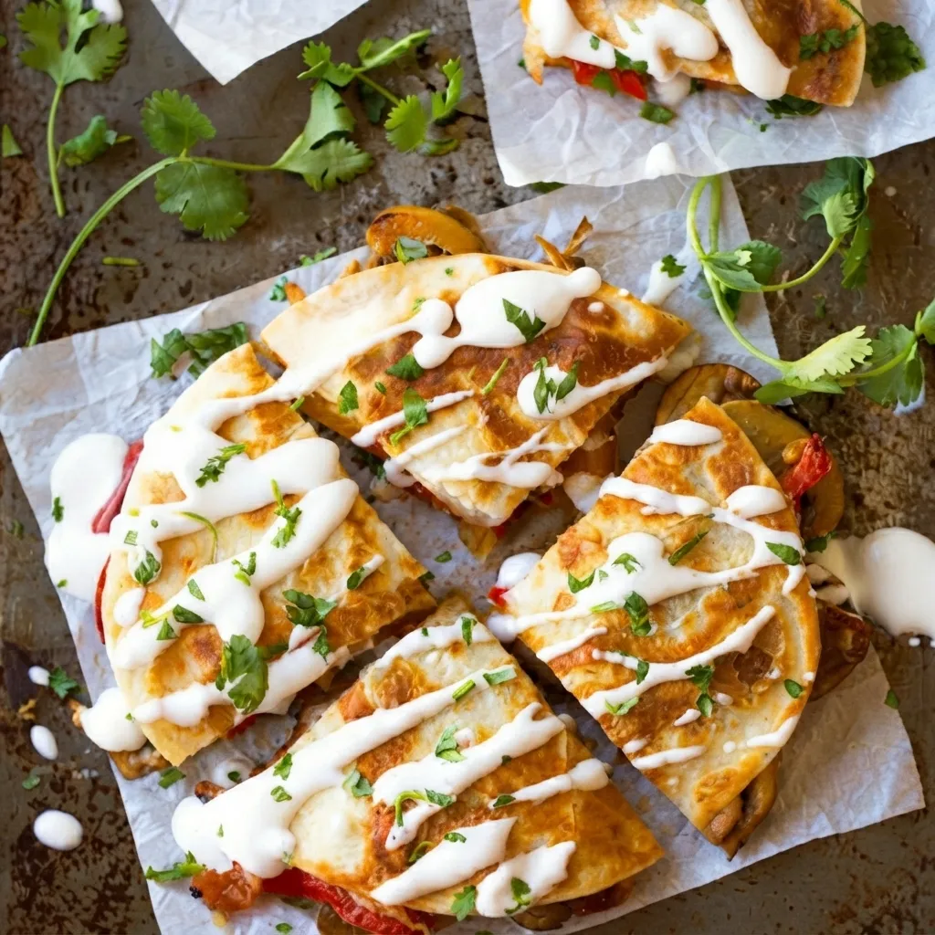 Slices of crispy chicken and vegetable quesadillas arranged on parchment paper and drizzled with a creamy white sauce and fresh cilantro.