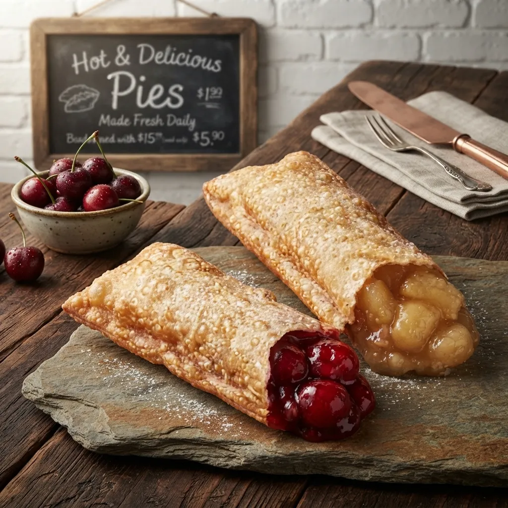 Two golden-brown fried pies on a slate board, one filled with sweet cherries and the other with warm apple filling.
