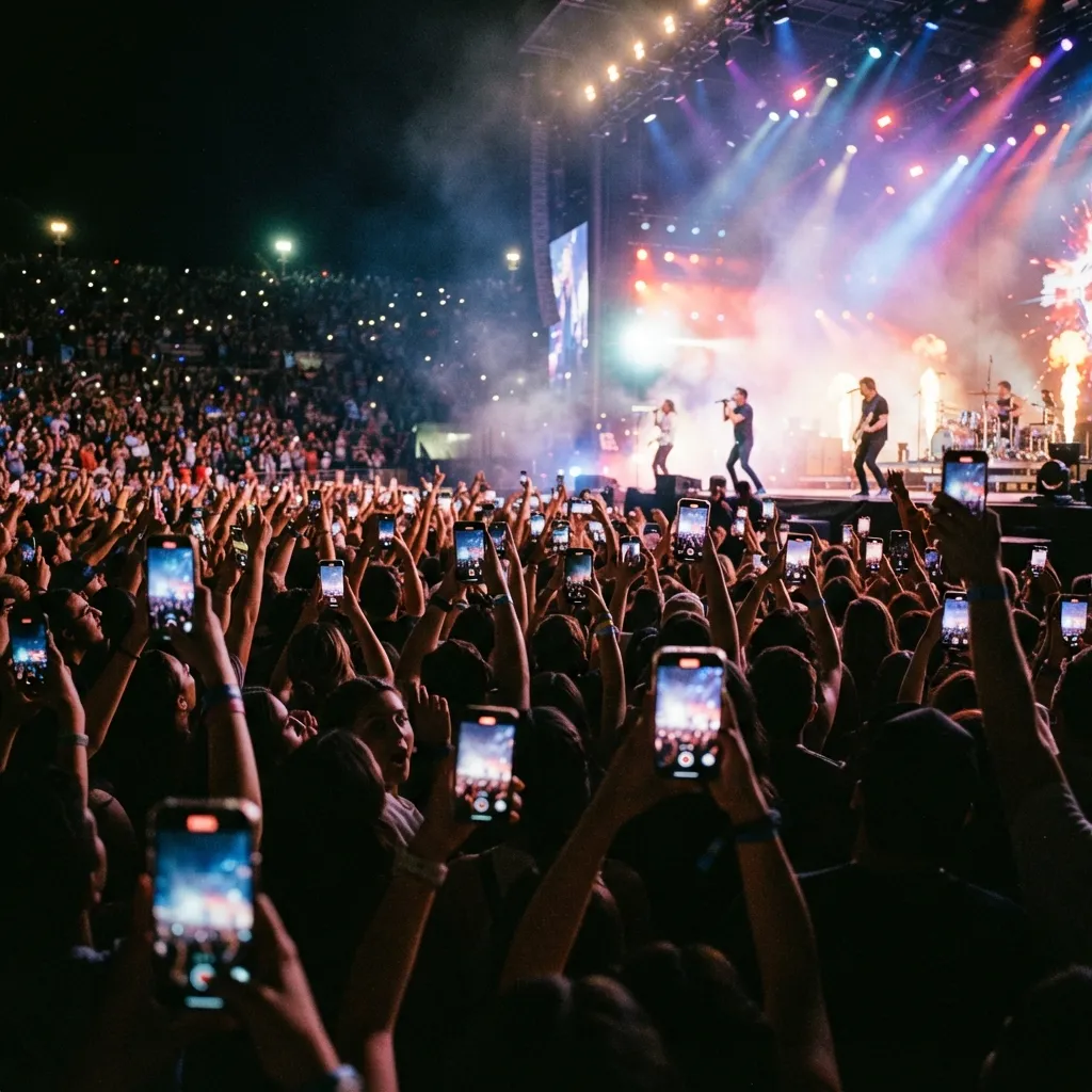 Crowd of people holding up smartphones to record a live music concert with stage lighting and pyrotechnics.