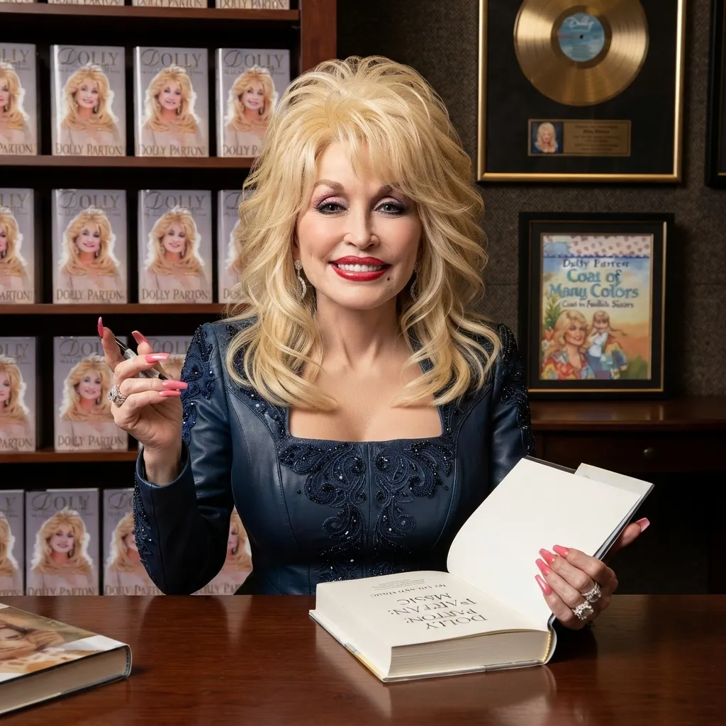 Dolly Parton smiling warmly at a desk while signing a book, surrounded by bookshelves filled with books and a gold record on the wall.