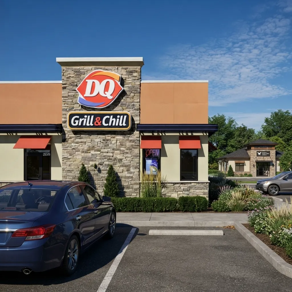 Exterior view of a DQ Grill and Chill restaurant on a sunny day with a clear blue sky, green shrubs, and a parked blue sedan