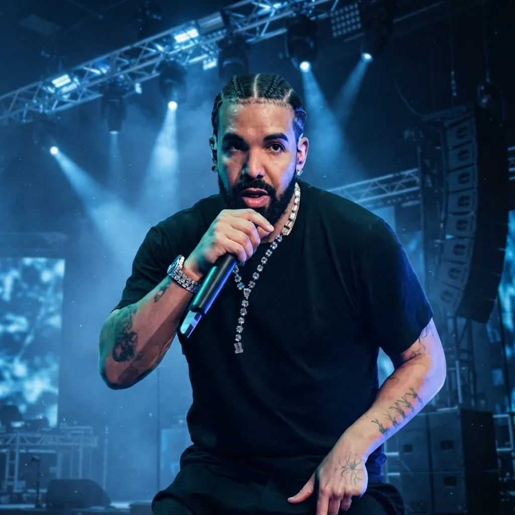 Drake performing live on stage under blue lights, wearing a black t-shirt and holding a microphone