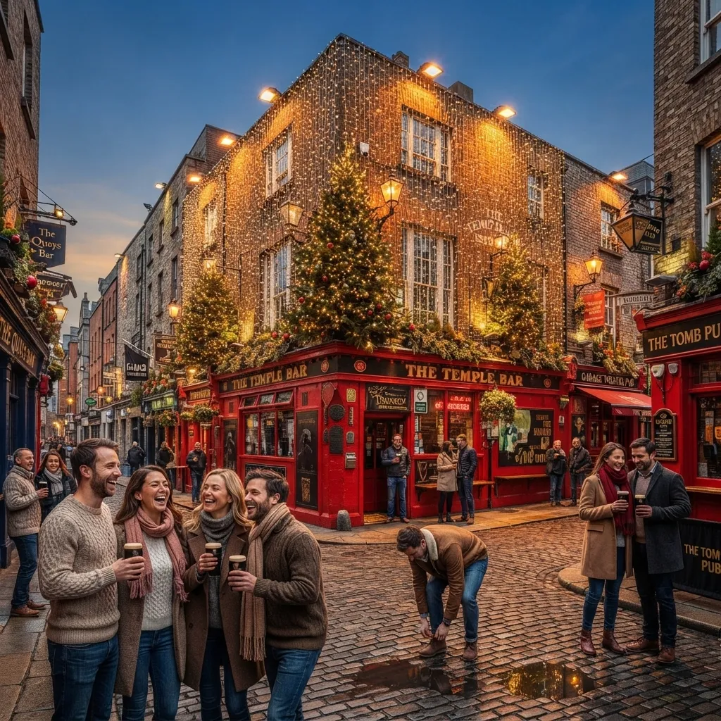 A festive, warmly lit cobblestone street scene at dusk featuring a historic red pub decorated with twinkling fairy lights and Christmas trees, with a group of friends laughing and holding drinks outside.
