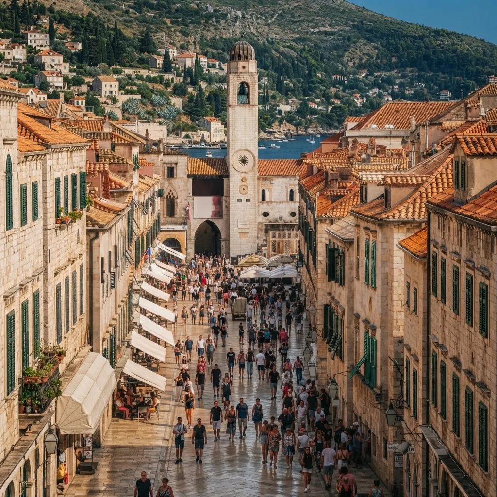 An elevated view of a bustling limestone-paved street in Dubrovnik's Old Town, flanked by historic stone buildings with orange tile roofs and green shutters, leading toward a prominent clock tower and the blue Adriatic Sea in the background