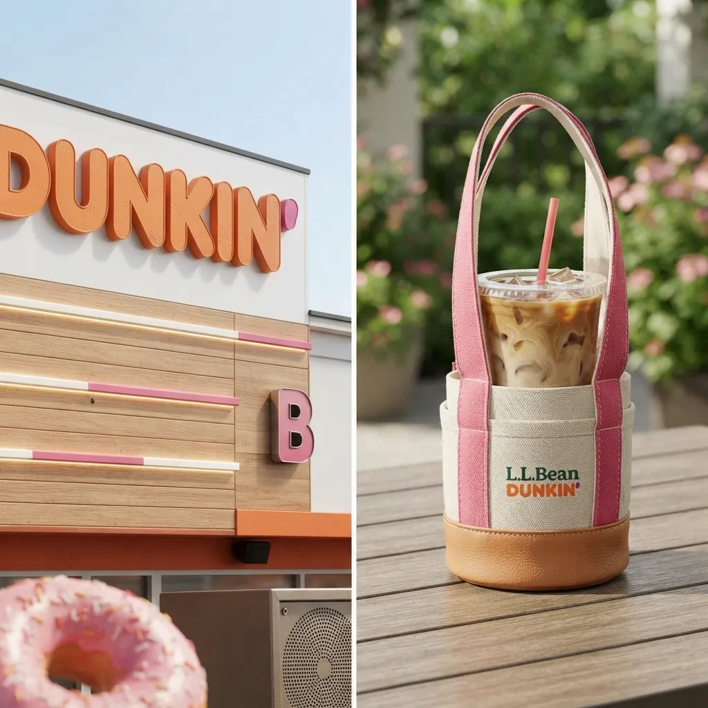 A split image showing a Dunkin' storefront with a frosted donut in the foreground and an L.L.Bean Dunkin' canvas tote bag holding an iced coffee cup on an outdoor table