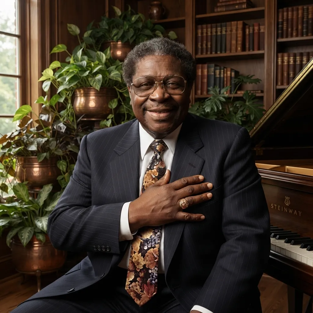 An older gentleman in a suit and patterned tie sitting in a library room with a grand piano and potted plants.