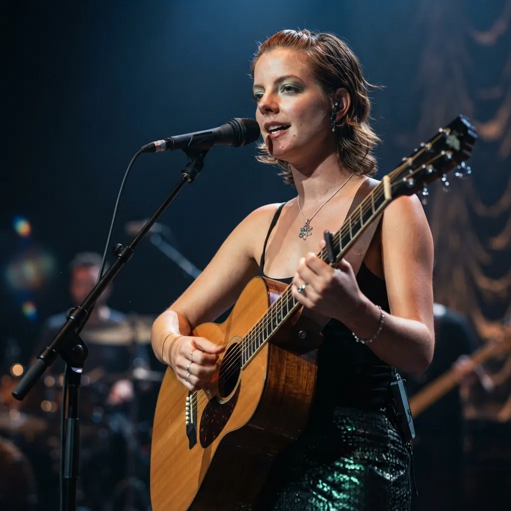 A female musician singing into a microphone while playing an acoustic guitar on a dimly lit stage.
