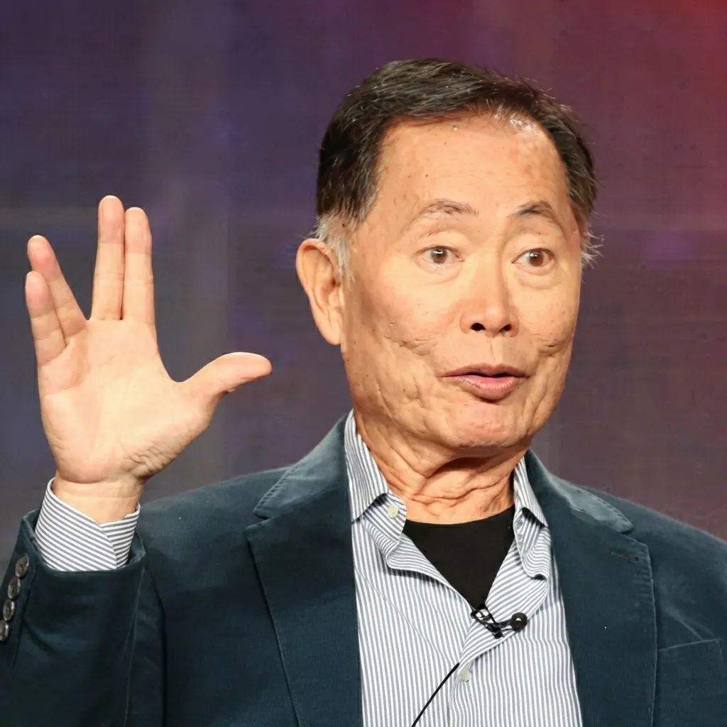 George Takei smiling and raising his hand in a Vulcan salute against a dark red and blue background.