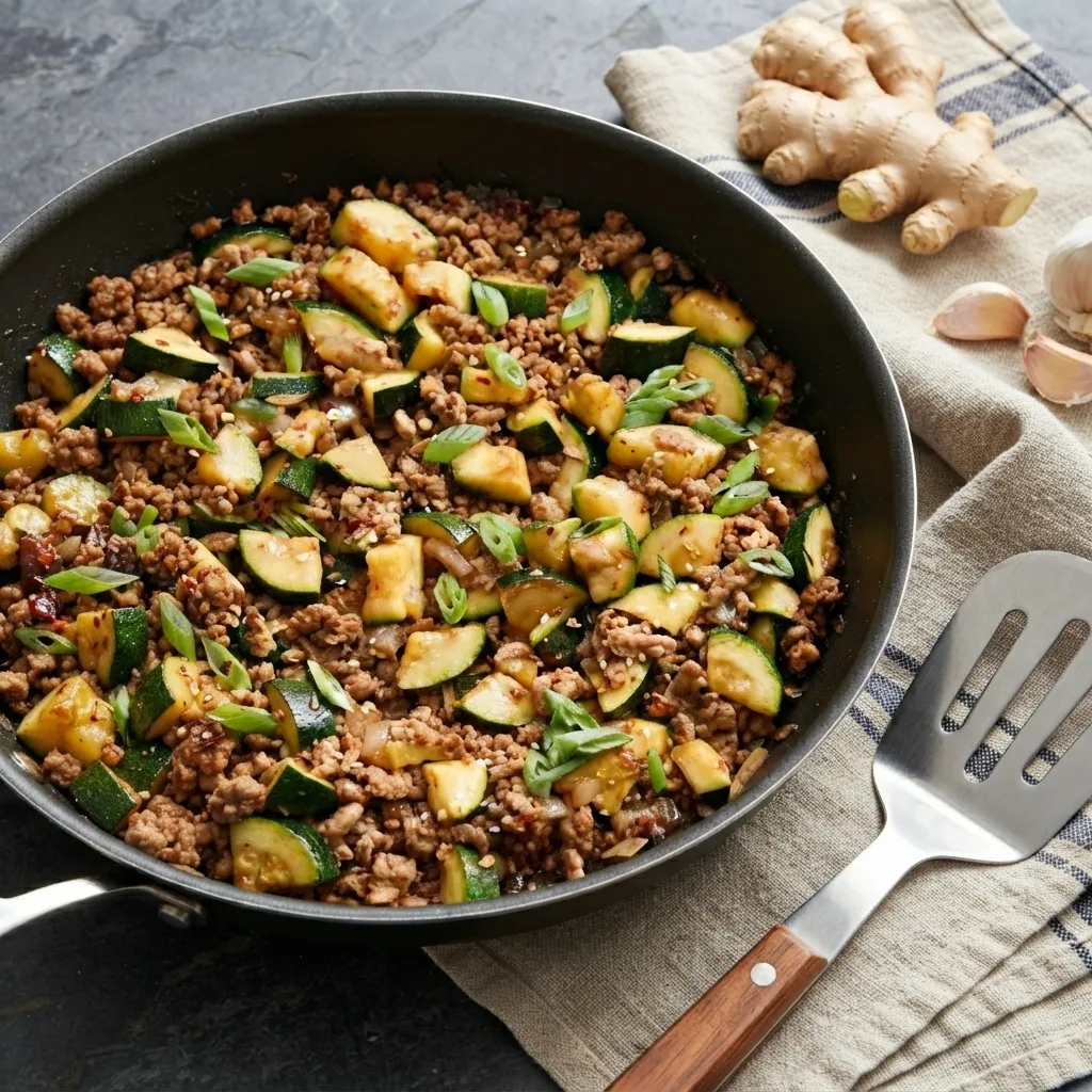 A non-stick pan filled with ground turkey and zucchini stir-fry, garnished with sliced green onions, with fresh ginger root and garlic cloves on a cloth napkin nearby.