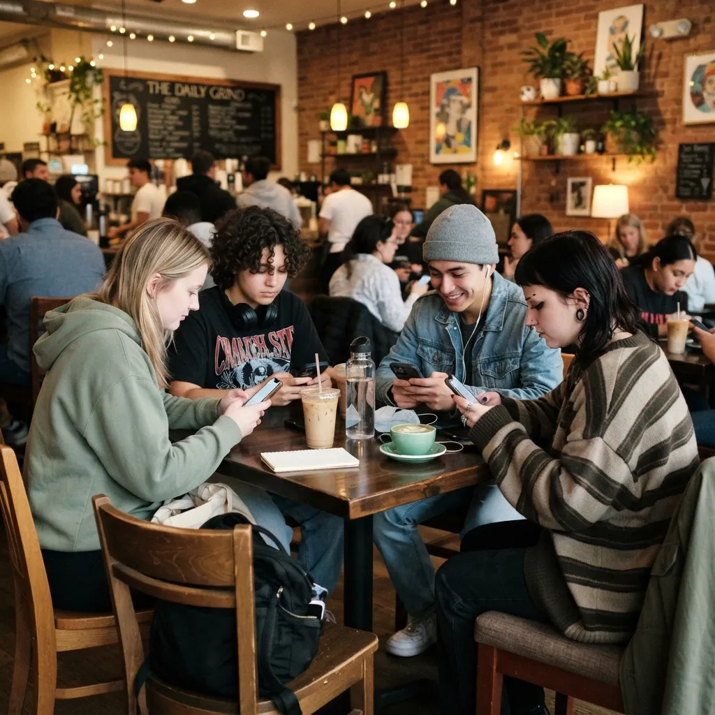 Group of four young friends sitting together at a wooden table in a cozy cafe, all looking down at their smartphones.