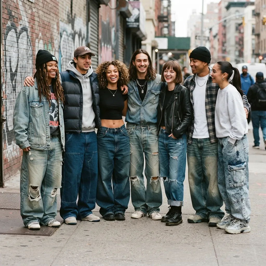 Group of seven diverse young adults posing together on a city sidewalk wearing oversized denim and casual streetwear.