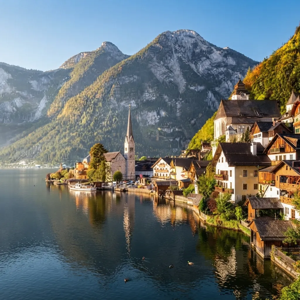 A breathtaking landscape of Hallstatt, Austria, featuring traditional lakeside alpine houses and a church with a slender spire nestled against majestic, steep green and rocky mountains, reflecting in the calm water.