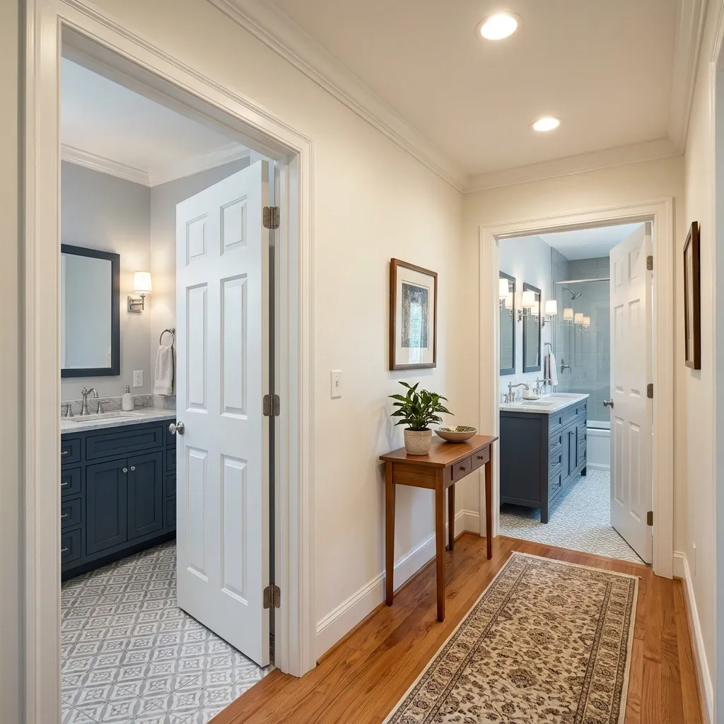Hallway view looking into two bathrooms featuring patterned floor tile, dark blue vanities, and white paneled doors.