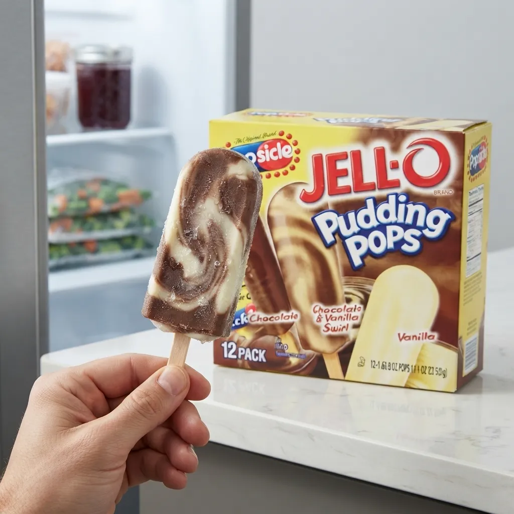 Hand holding chocolate vanilla swirl Jell-O pudding pop in front of box and refrigerator.