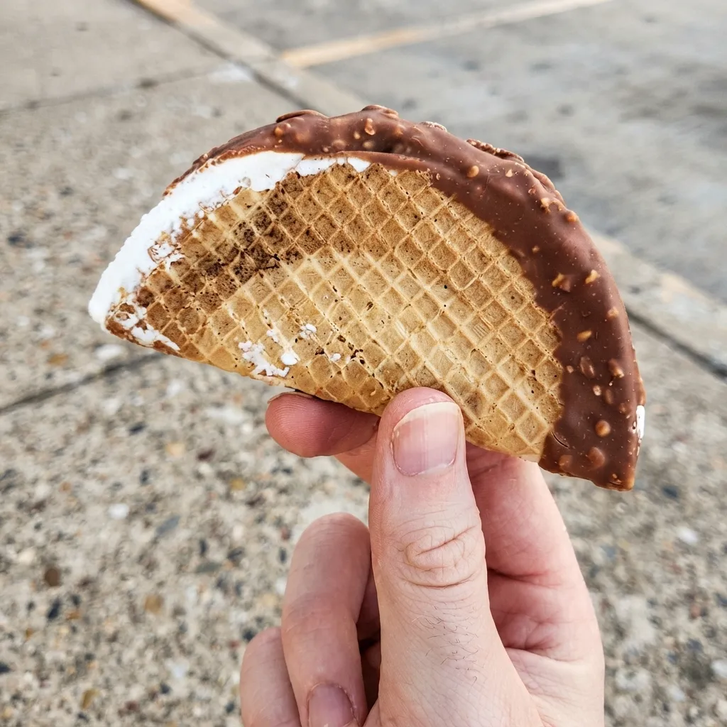 A hand holding a half-circle waffle ice cream sandwich coated in milk chocolate and crushed nuts.