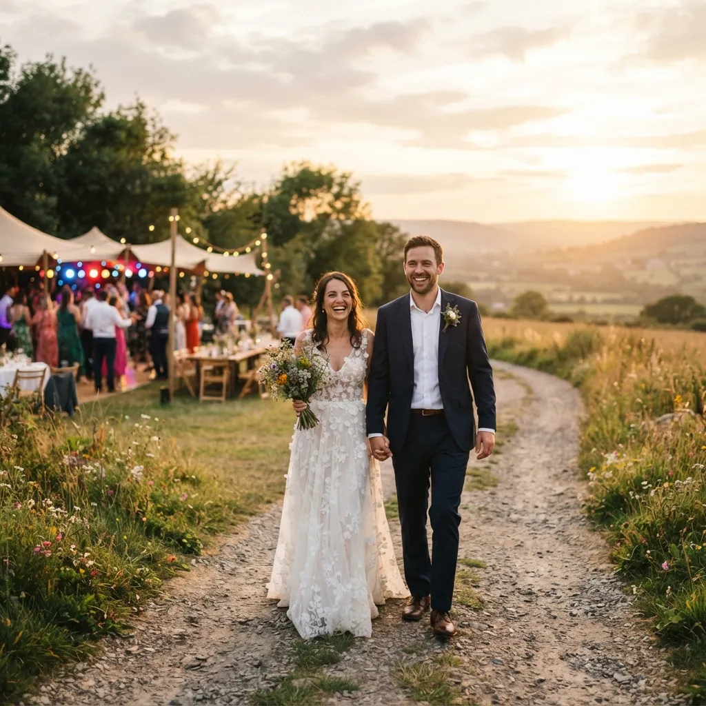 A happy bride in a white lace dress and groom in a navy suit walking hand-in-hand along a country pathway at sunset during an outdoor wedding reception