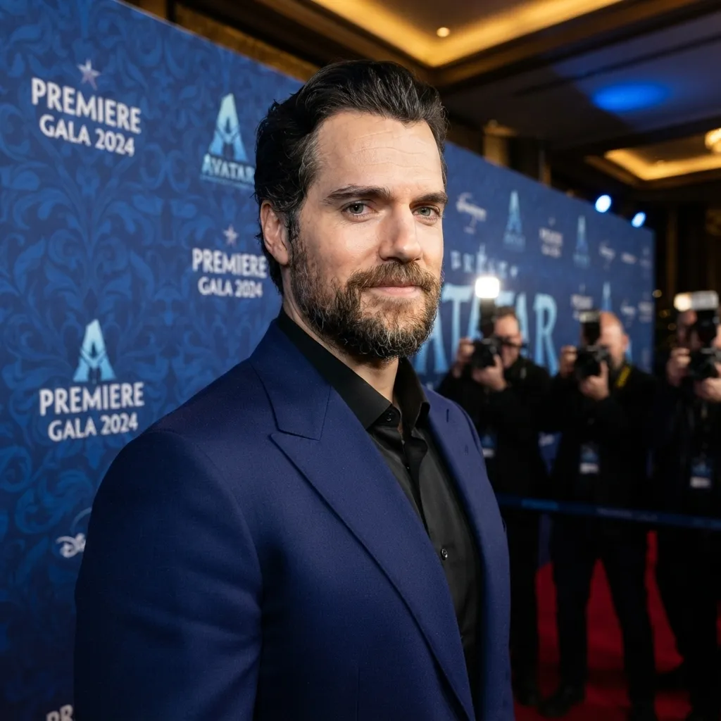 Henry Cavill on a red carpet at the Premiere Gala 2024, wearing a dark blue suit jacket and black shirt with a patterned backdrop