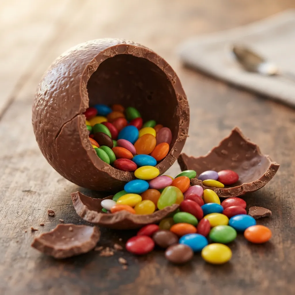 A hollow chocolate Easter egg cracked open on a wooden surface, spilling out colorful candy-coated chocolate pieces.