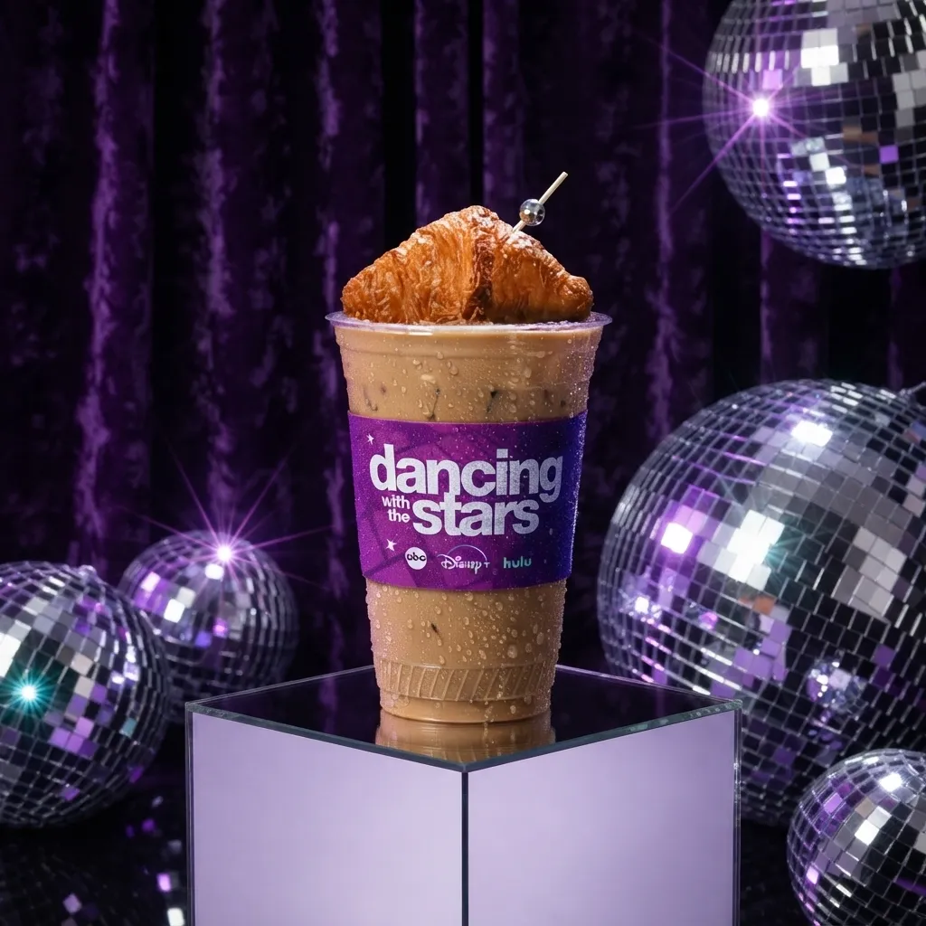 An iced coffee cup featuring a Dancing with the Stars branded sleeve, topped with a croissant and toothpick, displayed on a purple-lit cube stage surrounded by disco balls