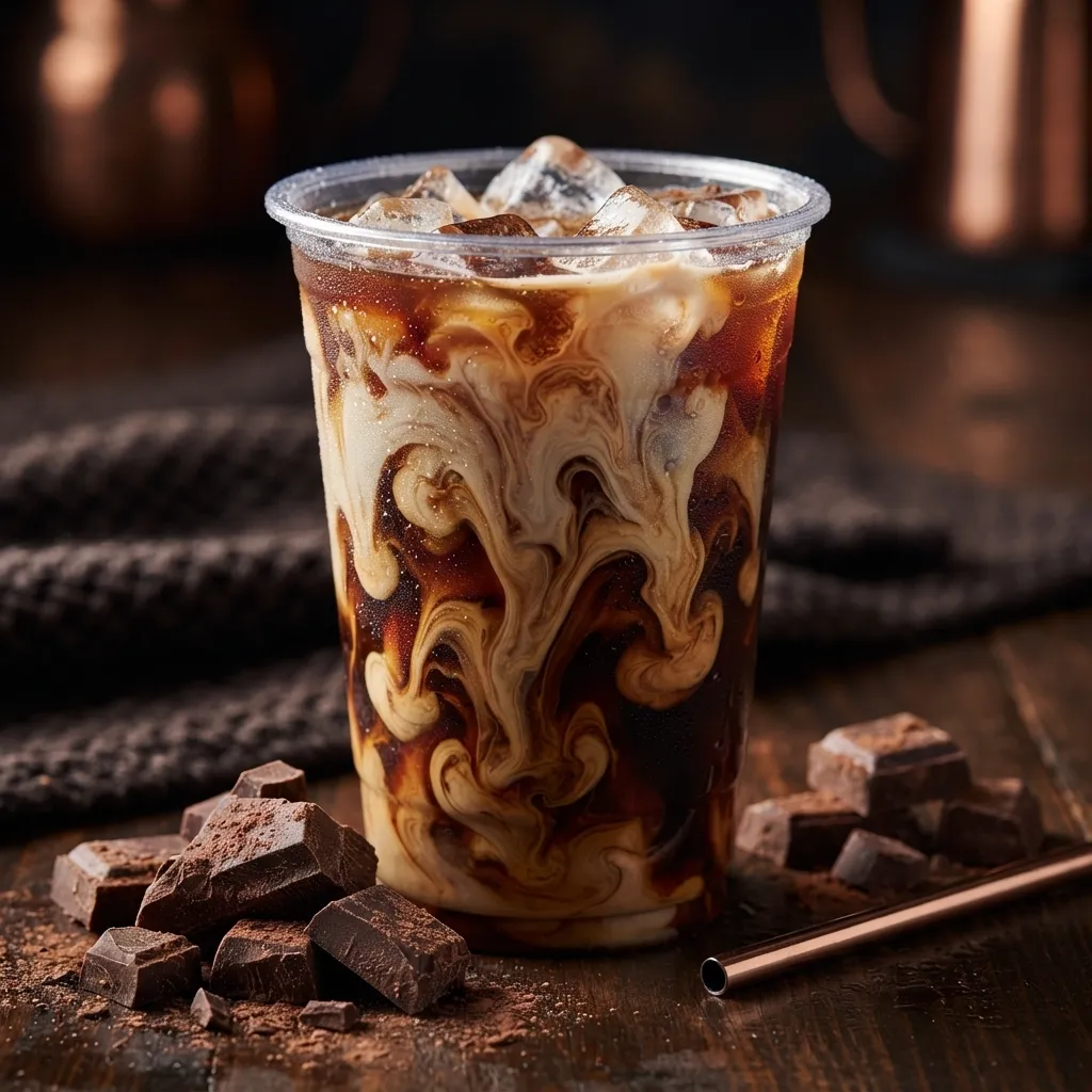 A plastic cup of iced coffee with swirled milk, ice cubes, and chocolate chunks scattered on a wooden table next to a metallic straw