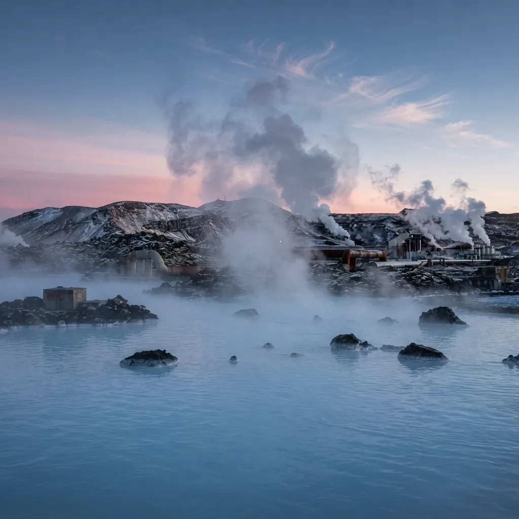 A scenic view of a milky-blue geothermal lagoon with steam rising from the water, surrounded by dark volcanic rocks, industrial pipes, and snowy mountains under a soft pink and blue twilight sky.