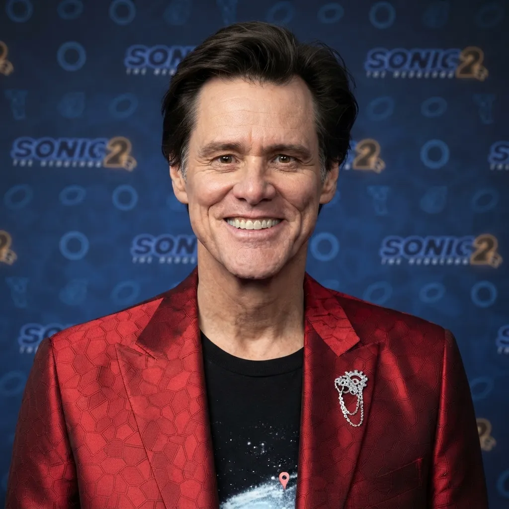 Jim Carrey smiling on a red carpet event for Sonic the Hedgehog 2, wearing a patterned red jacket over a black graphic tee
