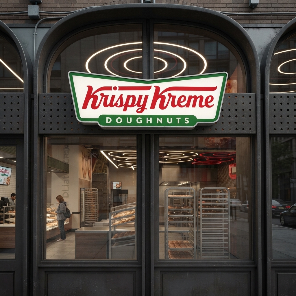 Storefront view of a Krispy Kreme Doughnuts shop featuring a prominent neon-lit logo sign and large arched windows showing the interior bakery racks