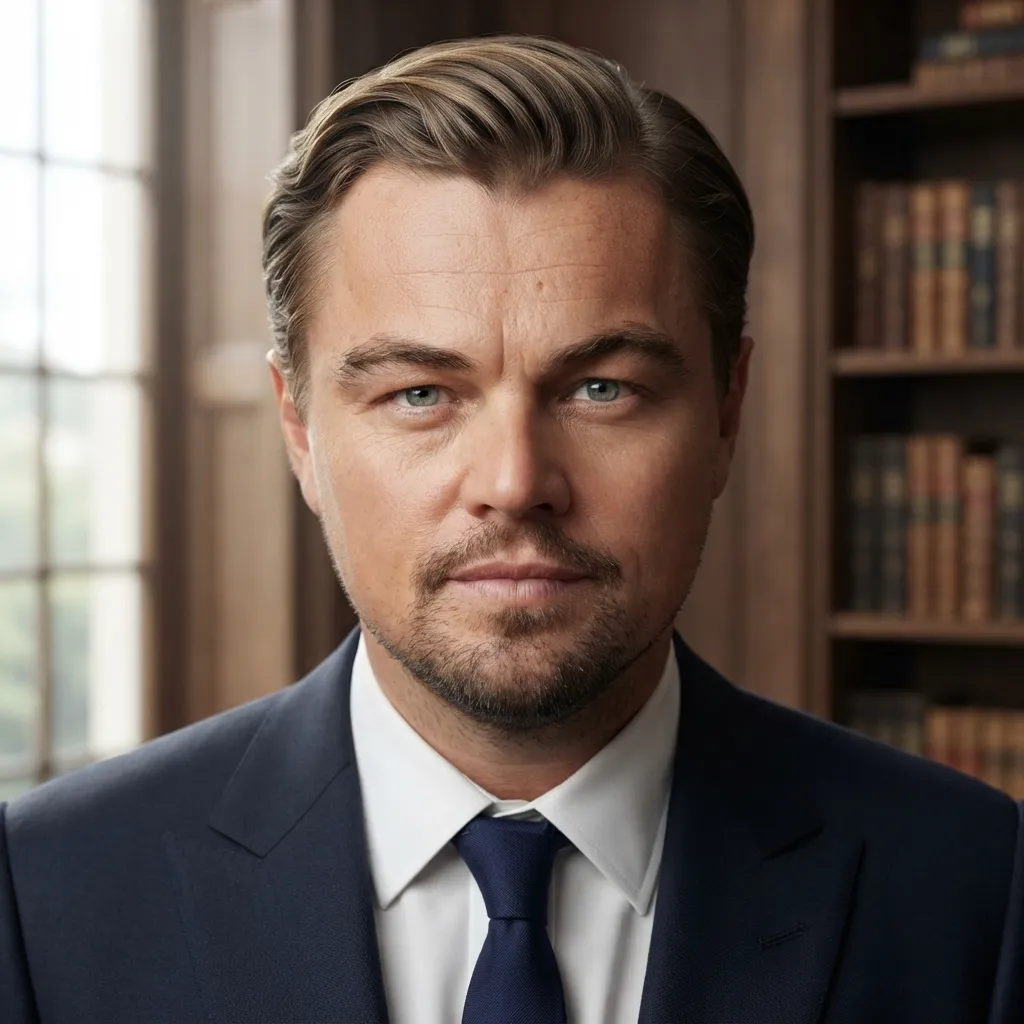 Formal portrait of Leonardo DiCaprio with styled hair and a beard, wearing a navy blue suit and tie in a library setting