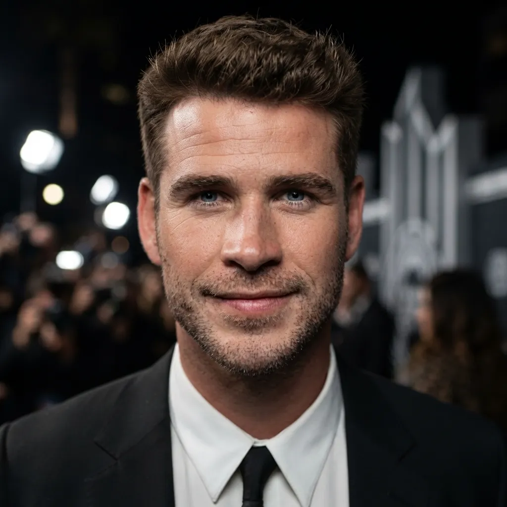 Portrait of Liam Hemsworth with facial stubble, wearing a black suit jacket, white button-down shirt, and black tie at a nighttime premiere event