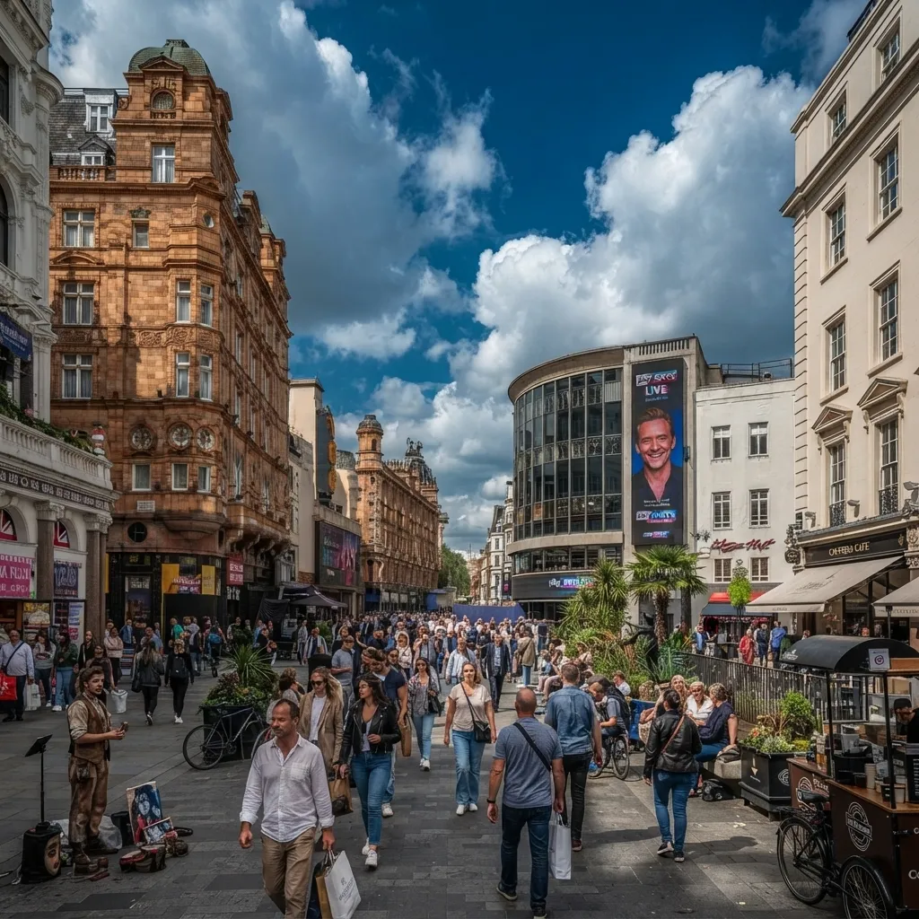 A bustling city street crowded with pedestrians walking past classic European-style architecture, a large digital billboard, and outdoor street cafes under a partly cloudy blue sky.