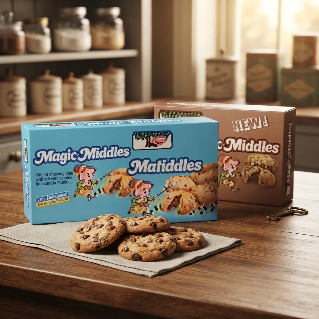 Two boxes of Magic Middles cookies and a stack of freshly baked chocolate chip cookies on a kitchen napkin.