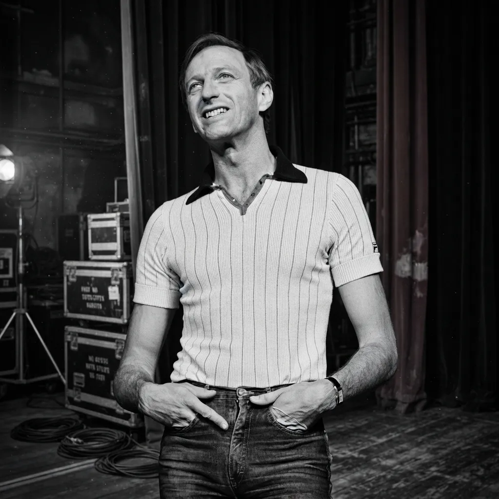 A black-and-white portrait of a man with short hair wearing a collared knit shirt and jeans in a backstage or studio environment.