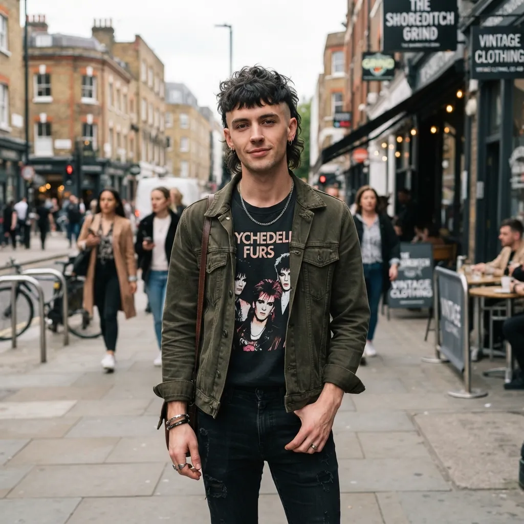 Young man standing on a busy city street wearing an olive green jacket, a graphic t-shirt, and showcasing a modern textured mullet haircut.