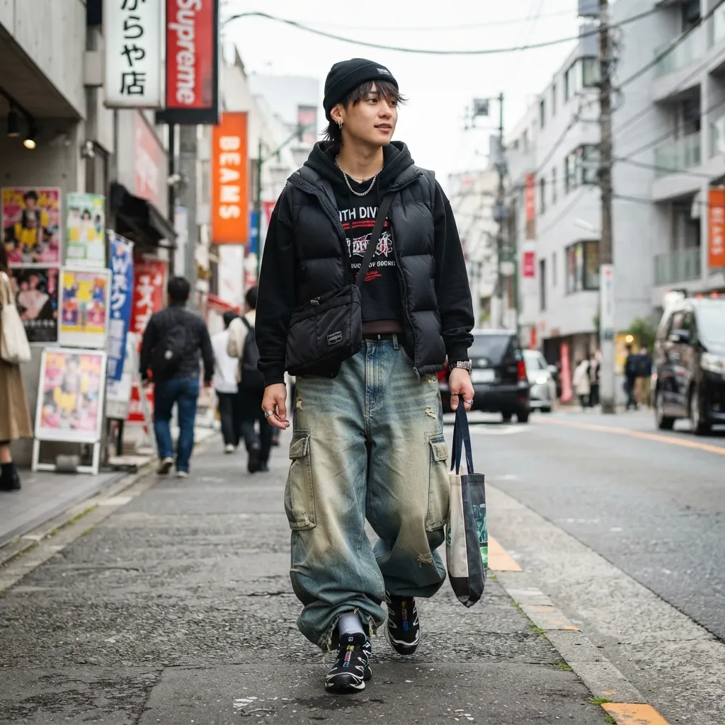 Young man walking down a Japanese street wearing a black beanie, puffer vest, baggy distressed cargo denim pants, and carrying a tote bag.