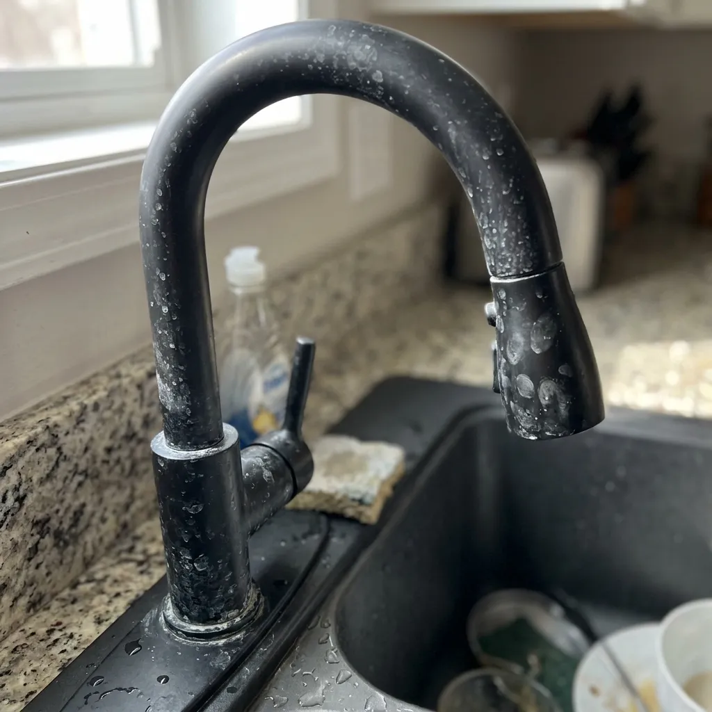Close-up of a matte black gooseneck kitchen faucet covered in white hard water mineral stains