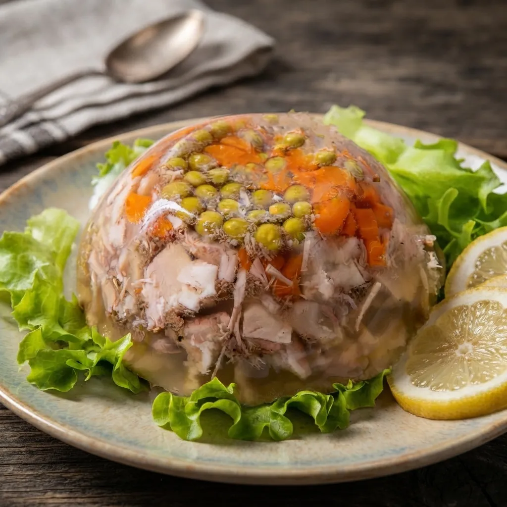 Savory meat and vegetable aspic mold garnished with green peas, sliced carrots, lettuce, and lemon slices