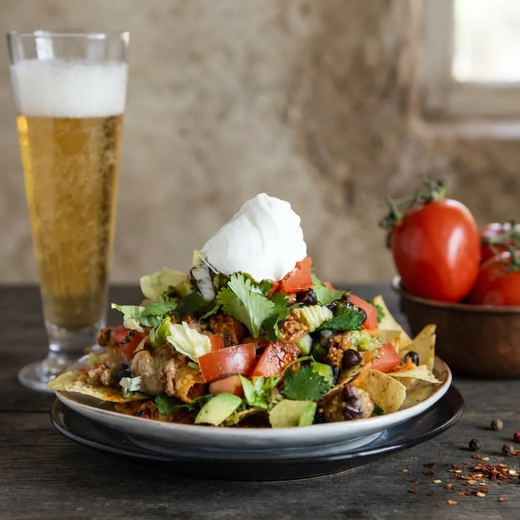 A Mexican taco salad piled high on a plate with crushed tortilla chips, seasoned meat, fresh tomatoes, cilantro, and a dollop of sour cream, served with a tall glass of beer.