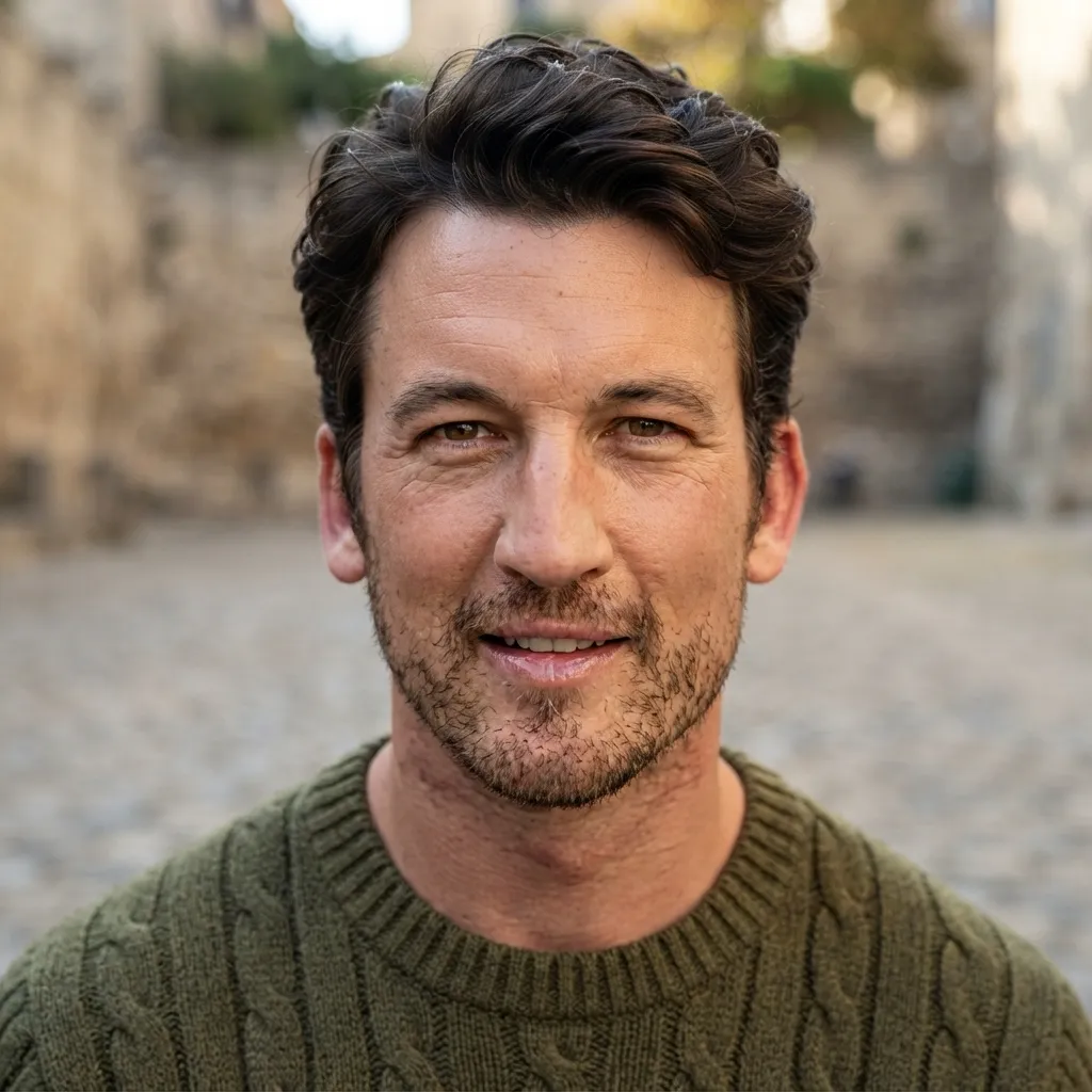 Outdoor portrait of Miles Teller with short dark hair and facial stubble, wearing a green knit sweater