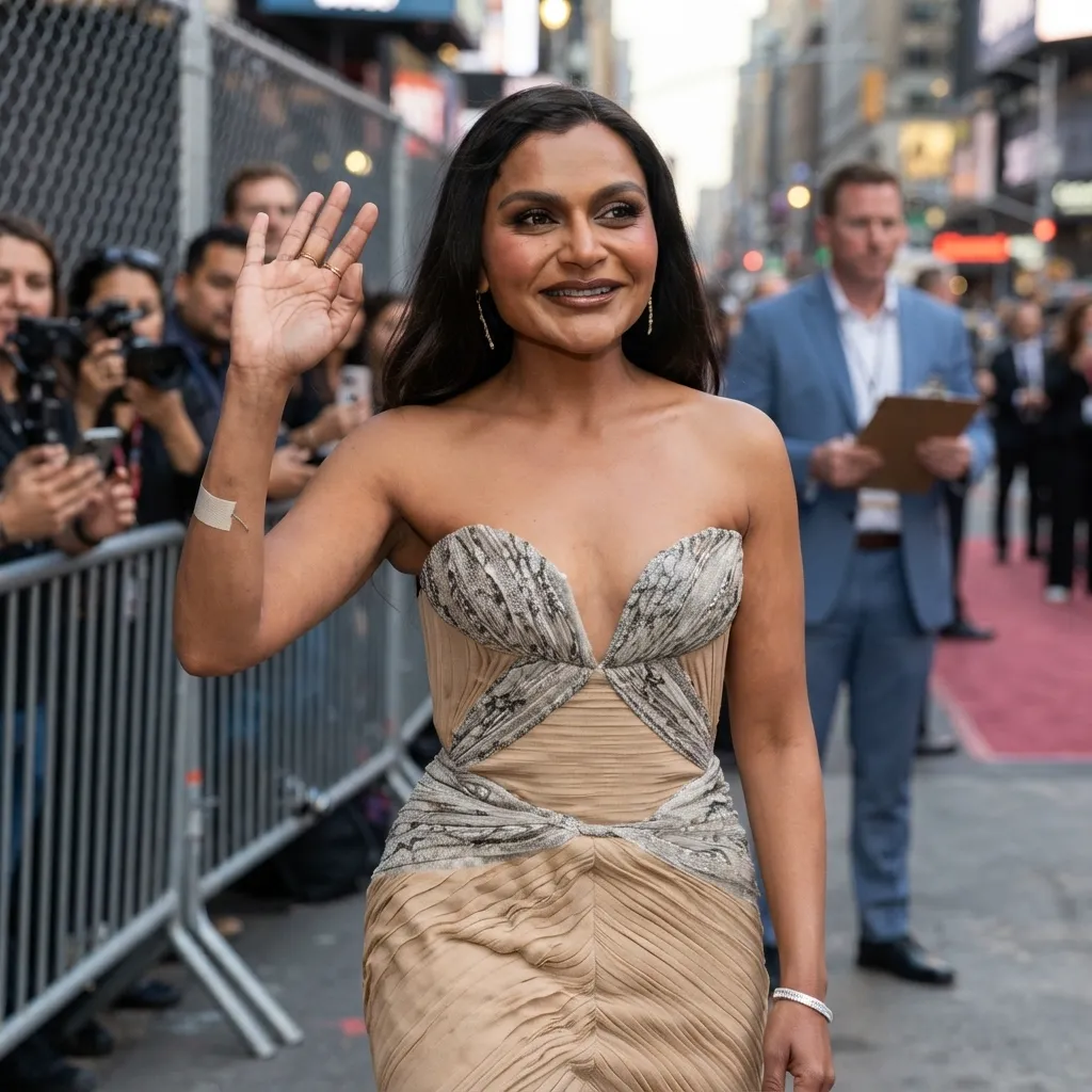 Mindy Kaling waving to fans on a red carpet while wearing an elegant strapless beige and silver dress