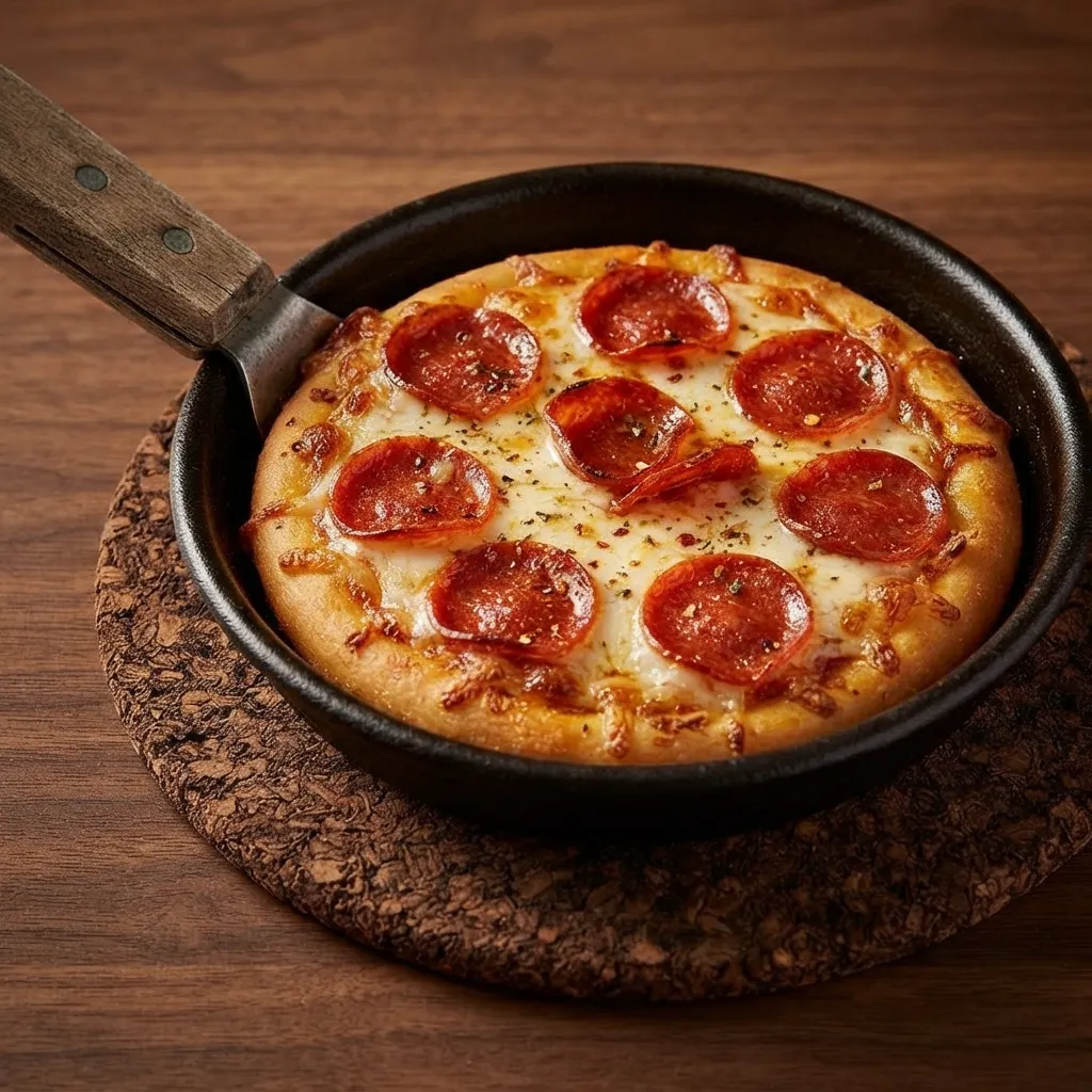 A small pepperoni pizza topped with melted cheese and herbs in a black skillet with a wooden handle resting on a cork coaster.